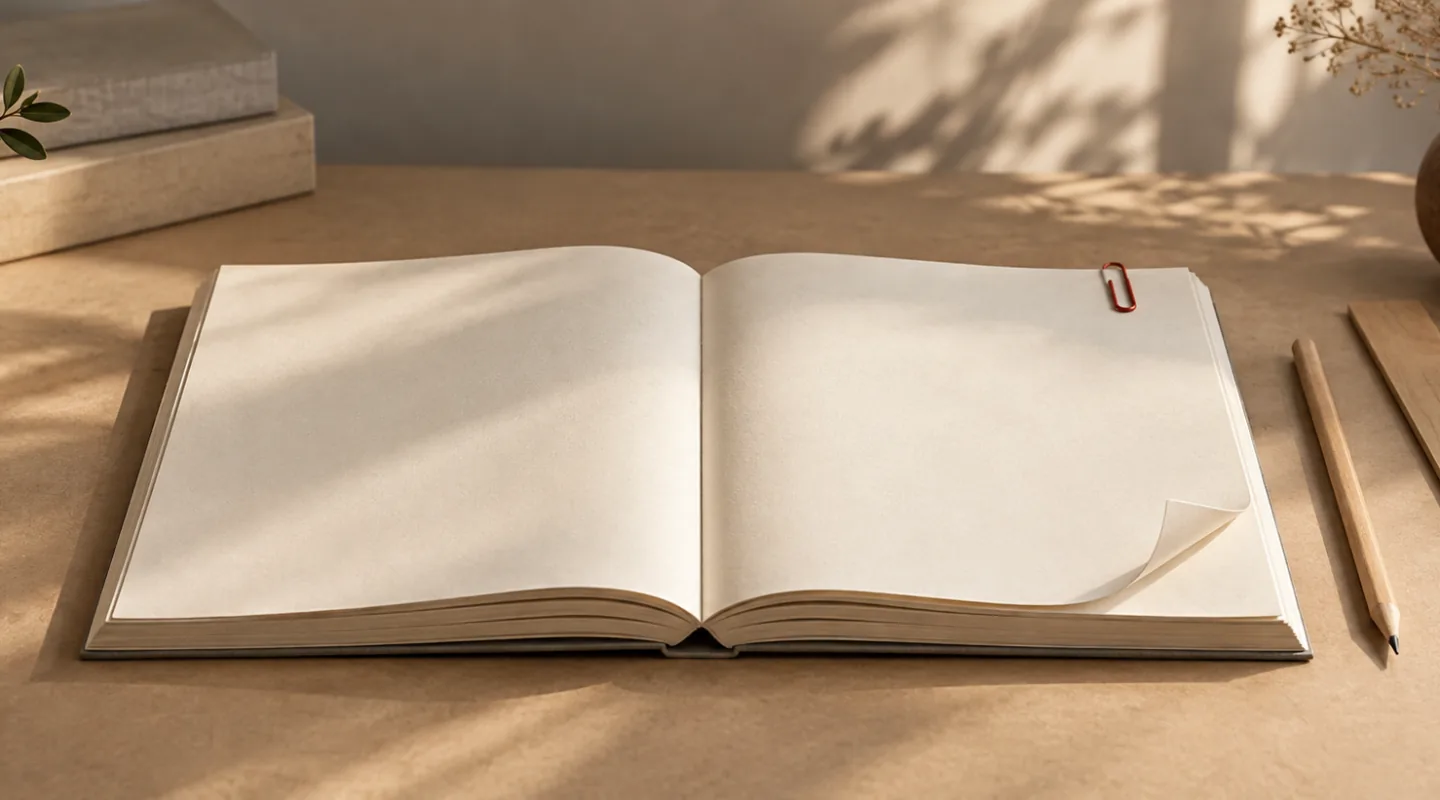 Un quaderno aperto su pagine bianche, con una matita e una riga di legno accanto