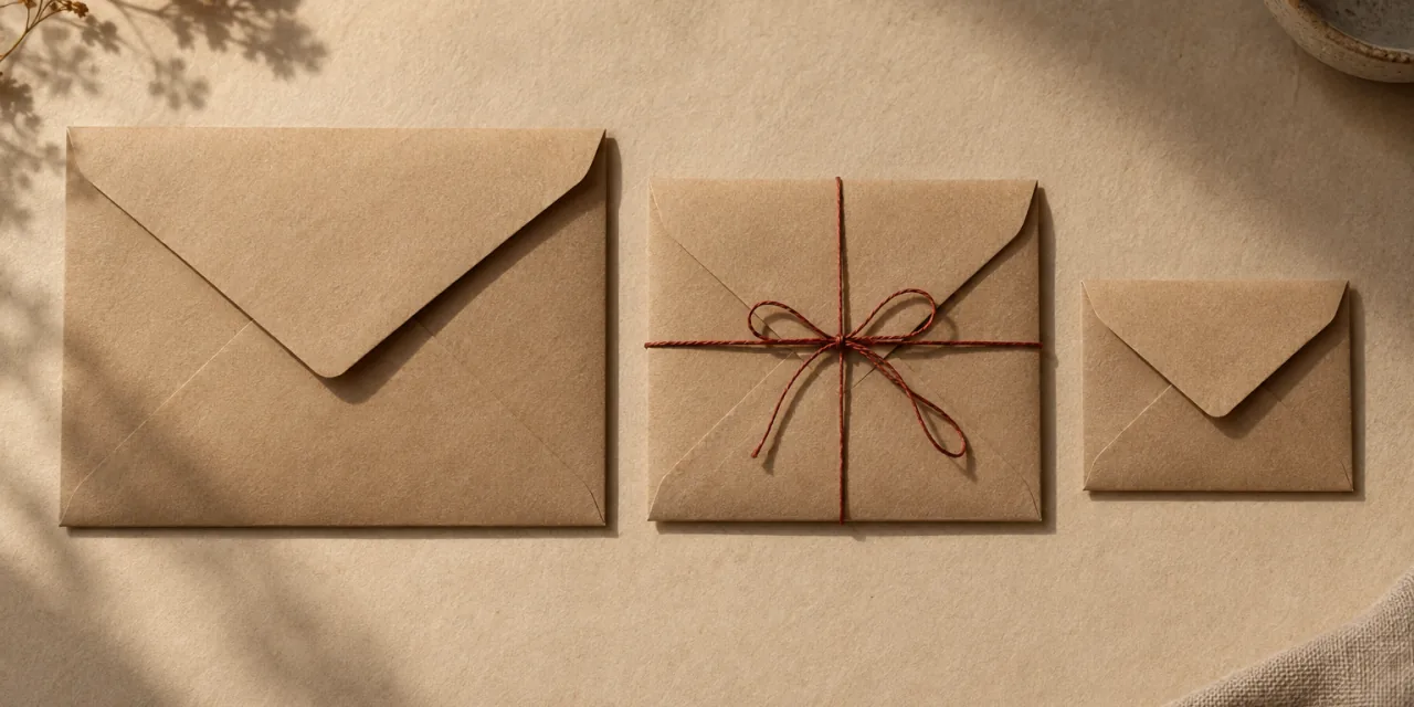 Tre buste di carta kraft di dimensioni diverse, una legata con un filo rosso