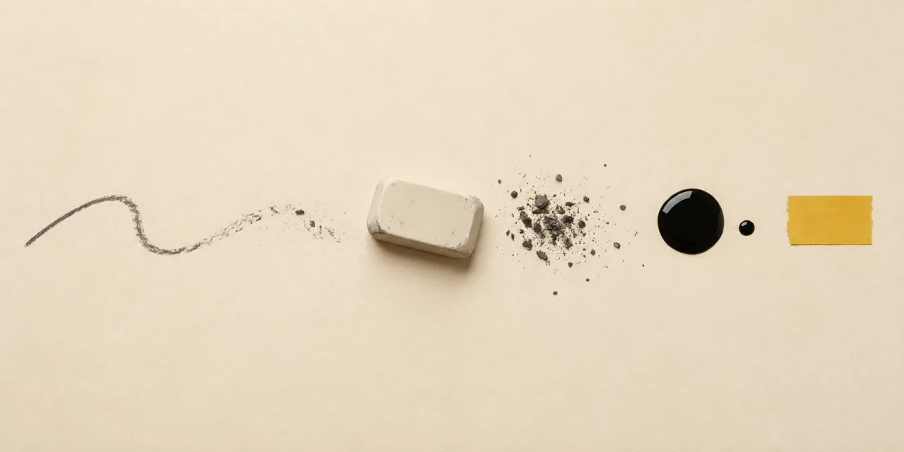 Una linea di matita che si dissolve, una gomma, polvere di grafite e una goccia d'inchiostro allineate su un foglio chiaro