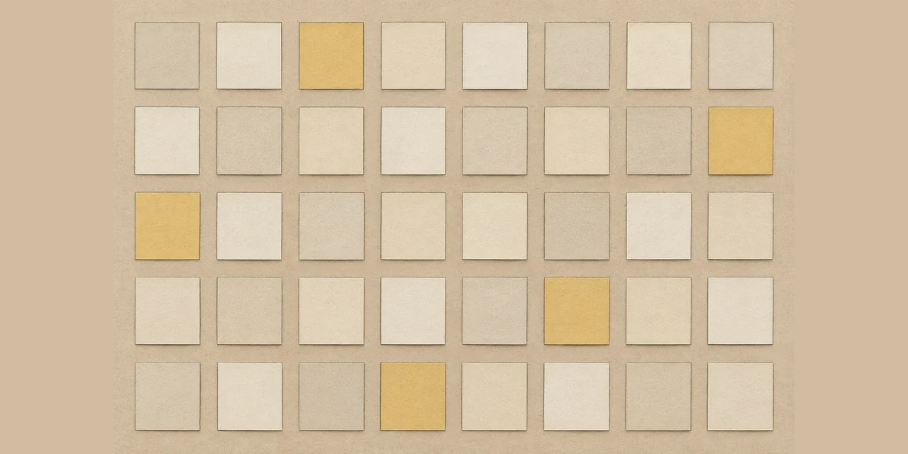 Una griglia di quaranta quadrati di carta, cinque dei quali gialli