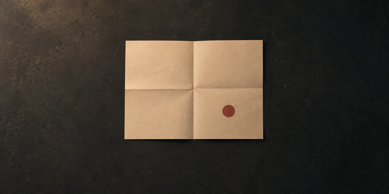 Un foglio di carta piegato in quattro su un piano scuro, con un bollo rosso in uno dei riquadri