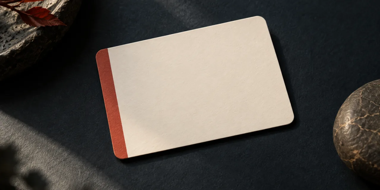 Una tessera di carta color crema senza scritte, con una fascia rossa su un lato