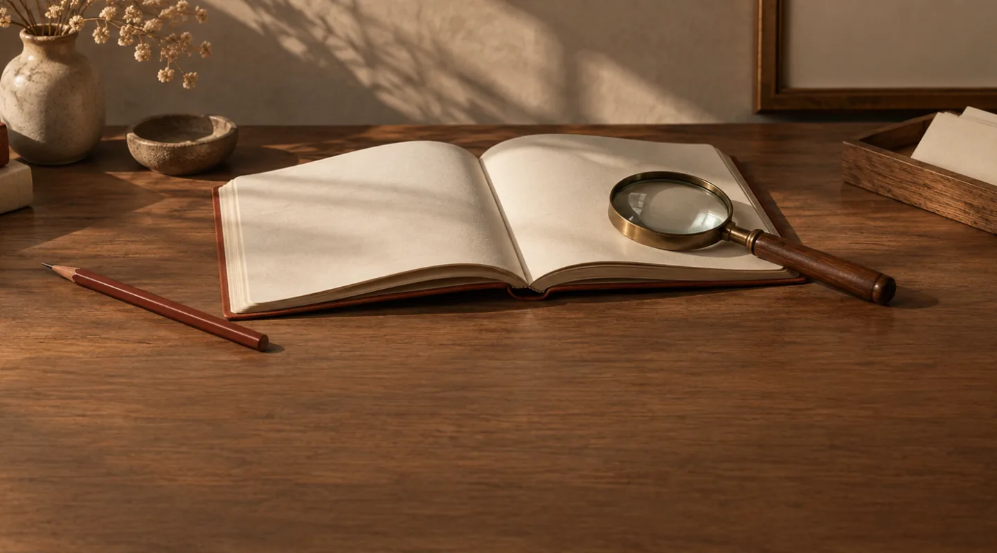 Un libro aperto su pagine bianche, con una lente d’ingrandimento e una matita rossa, su una scrivania di legno