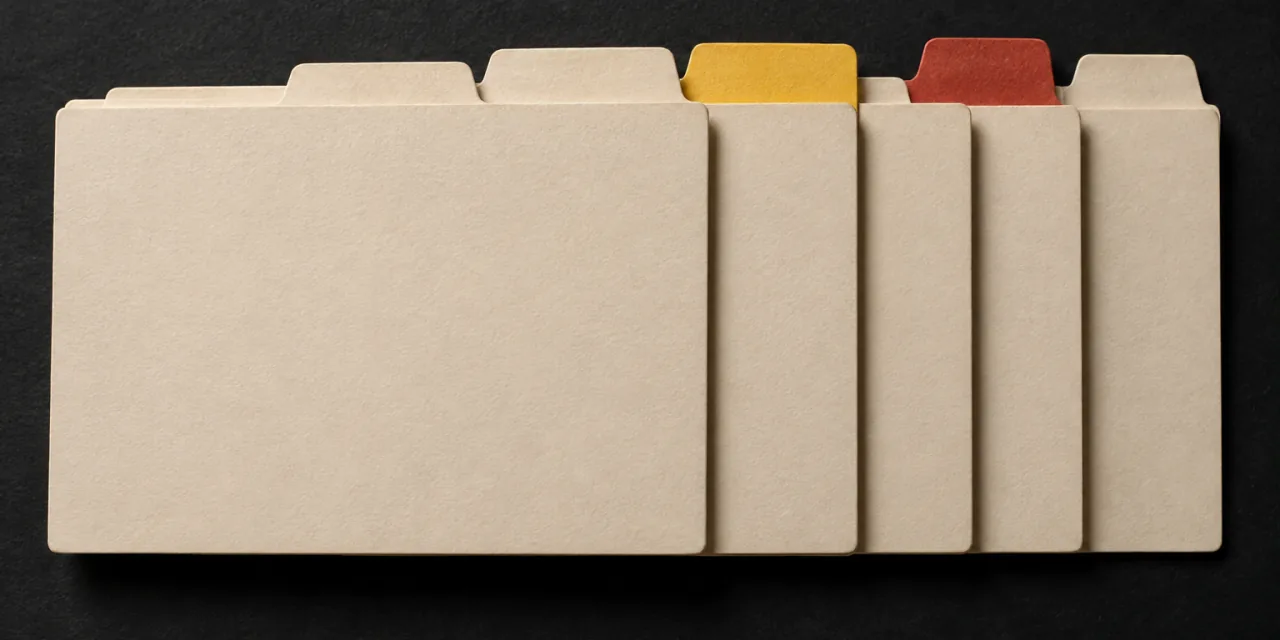 Una fila di schede di carta separate da linguette sporgenti, una gialla e una rossa, tutte senza scritte