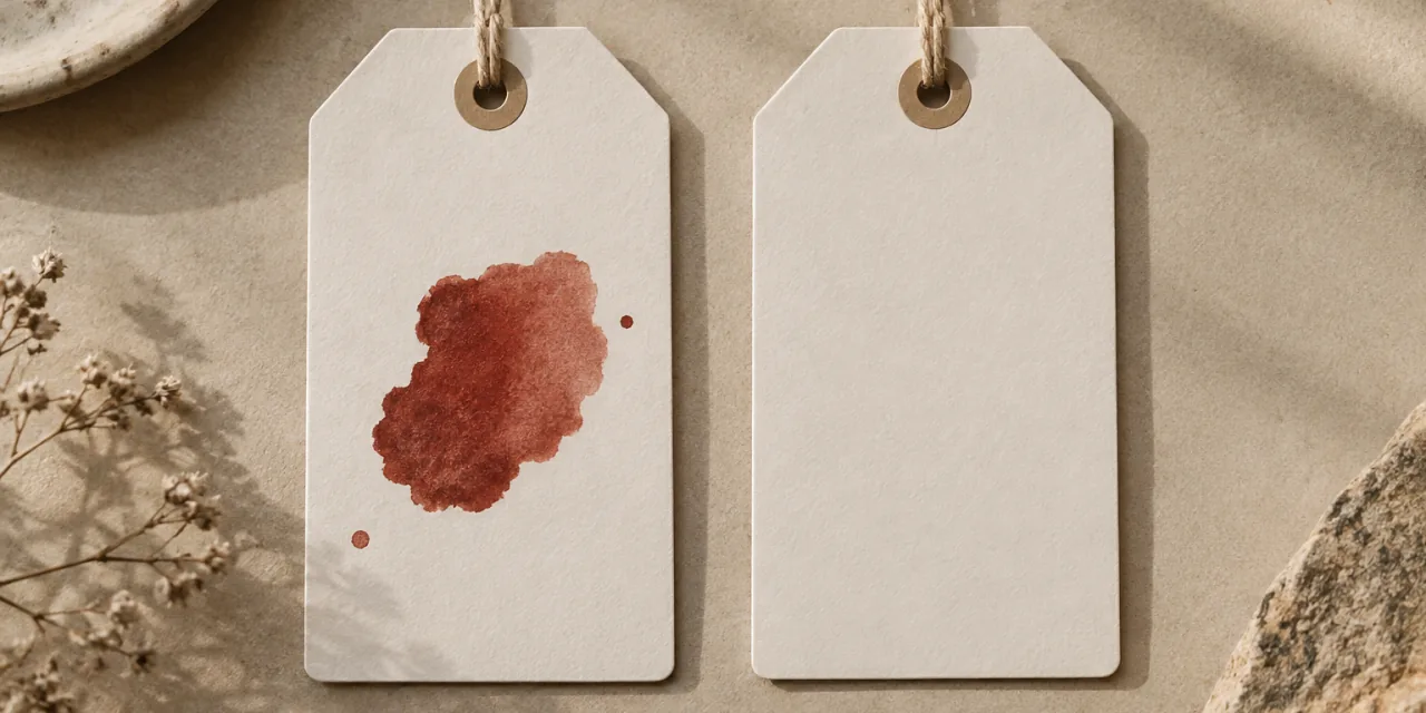 Due cartellini di carta identici, uno segnato da una macchia d’inchiostro rossa e l’altro intatto