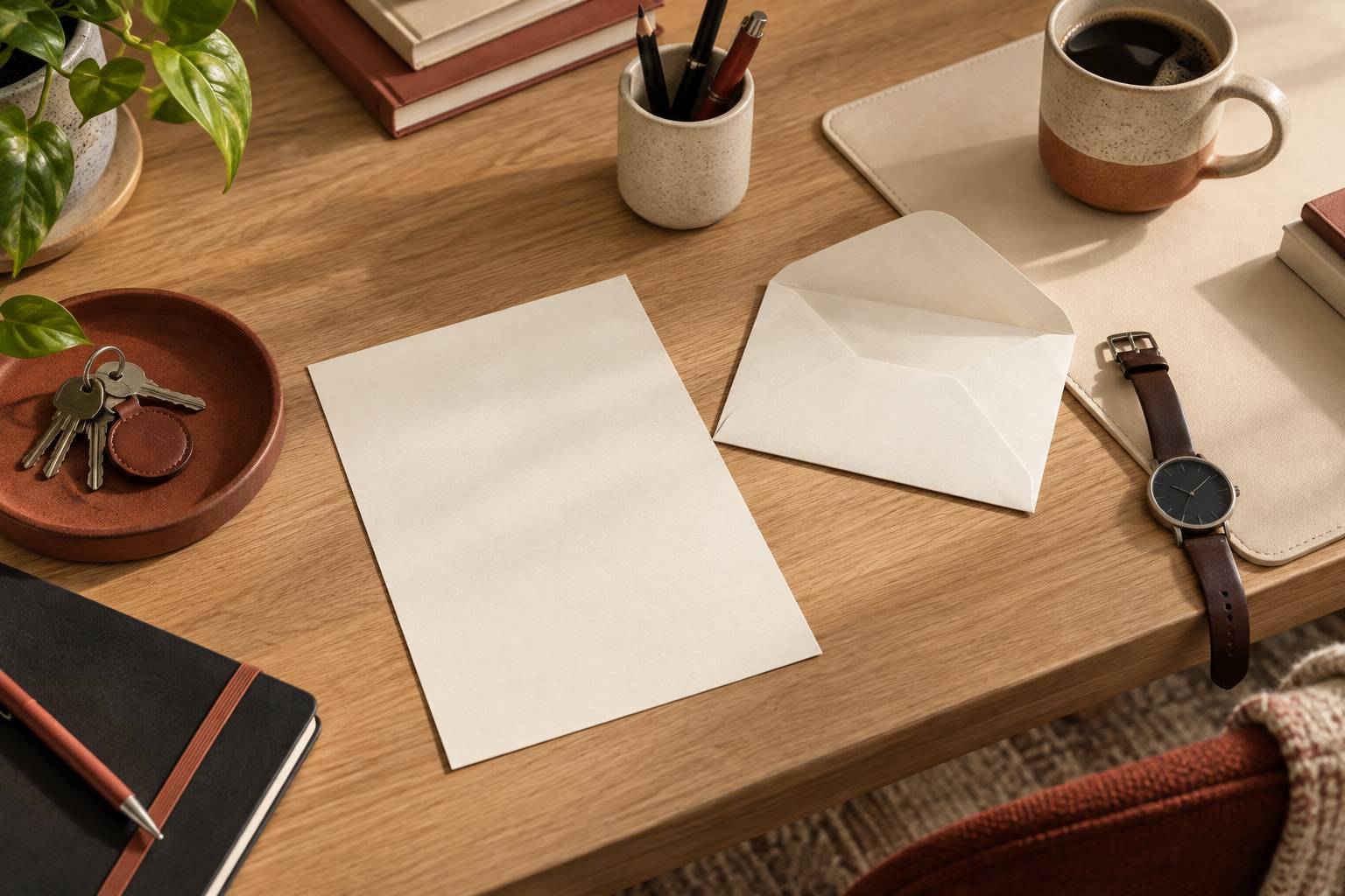 Enveloppe ouverte et trousseau de cles sur un coin bureau