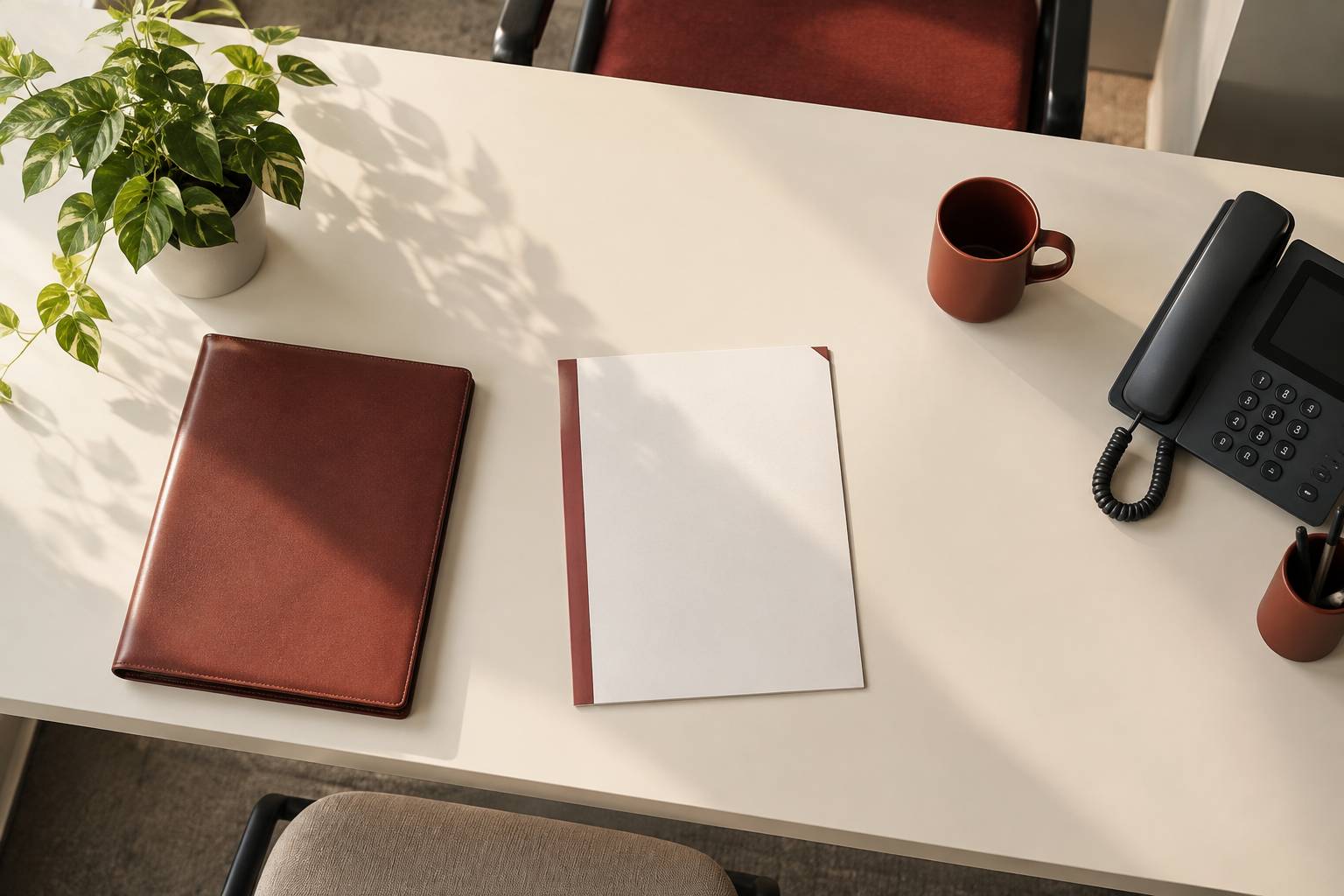 Bureau clair avec porte-documents ferme et plante en pot
