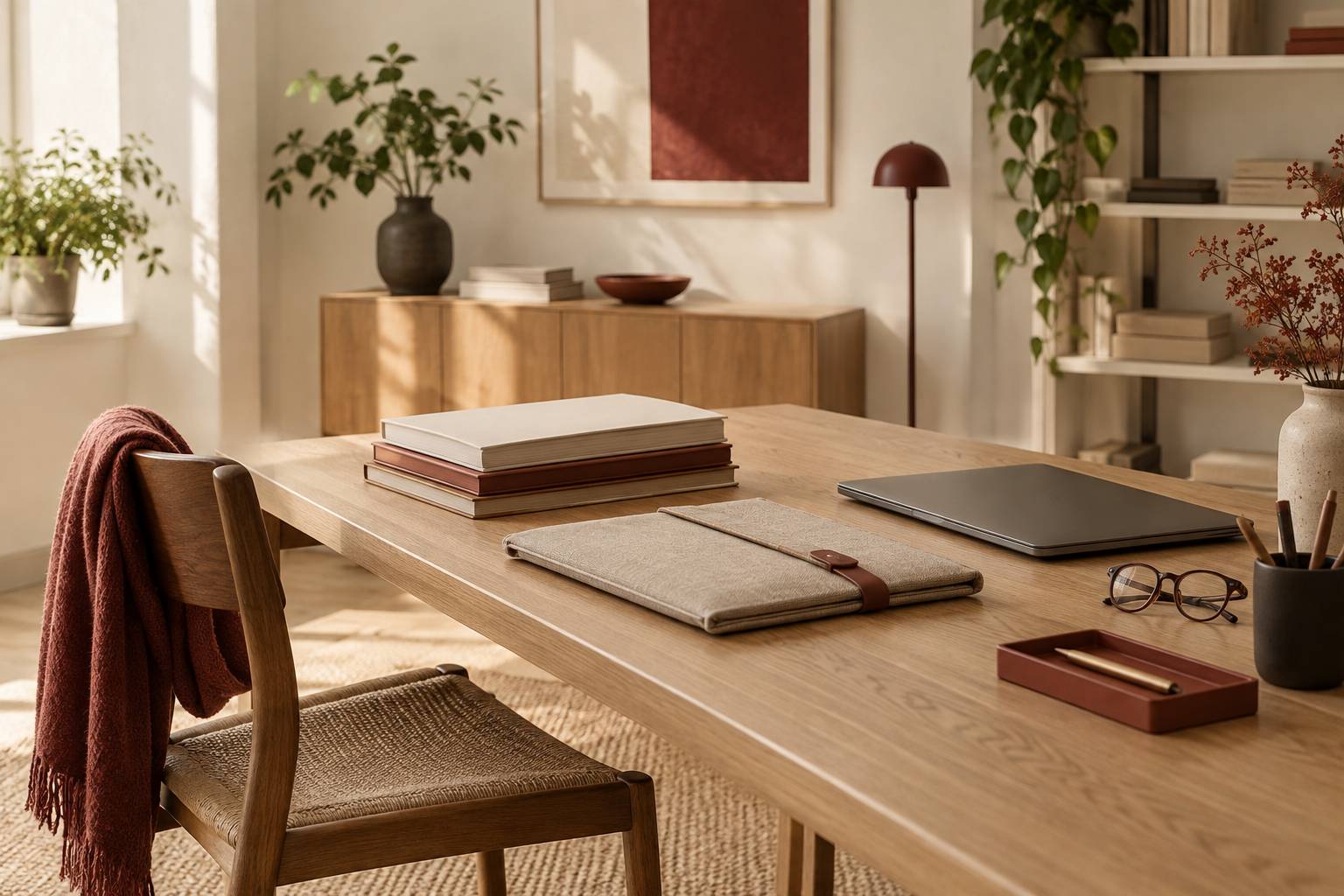 Table de travail avec dossiers fermés, ordinateur éteint et lunettes posées