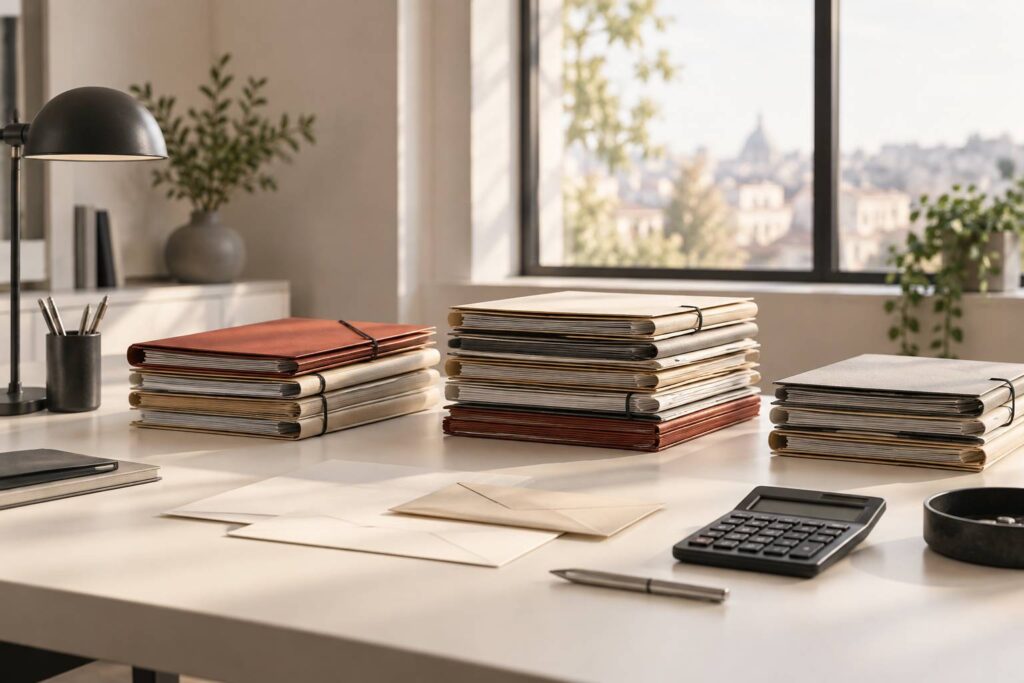 Bureau d'étude avec trois piles de dossiers cartonnés fermés et enveloppes