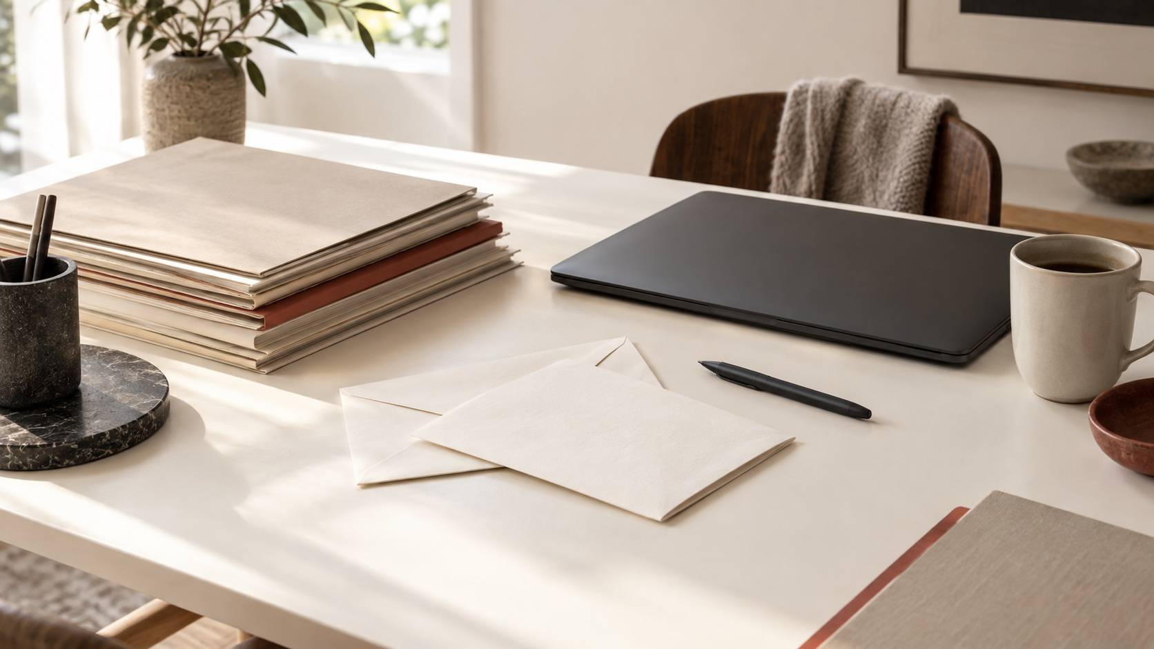 Table de travail claire avec dossiers empilés et enveloppes fermées
