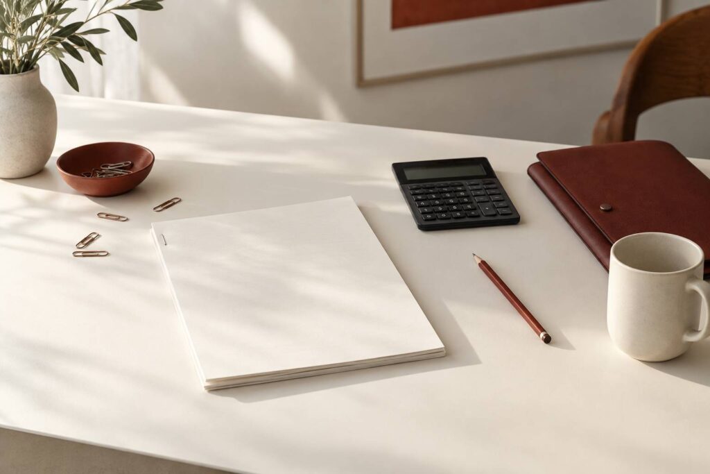 Bureau d'étude avec liasse de documents face cachée et calculatrice éteinte