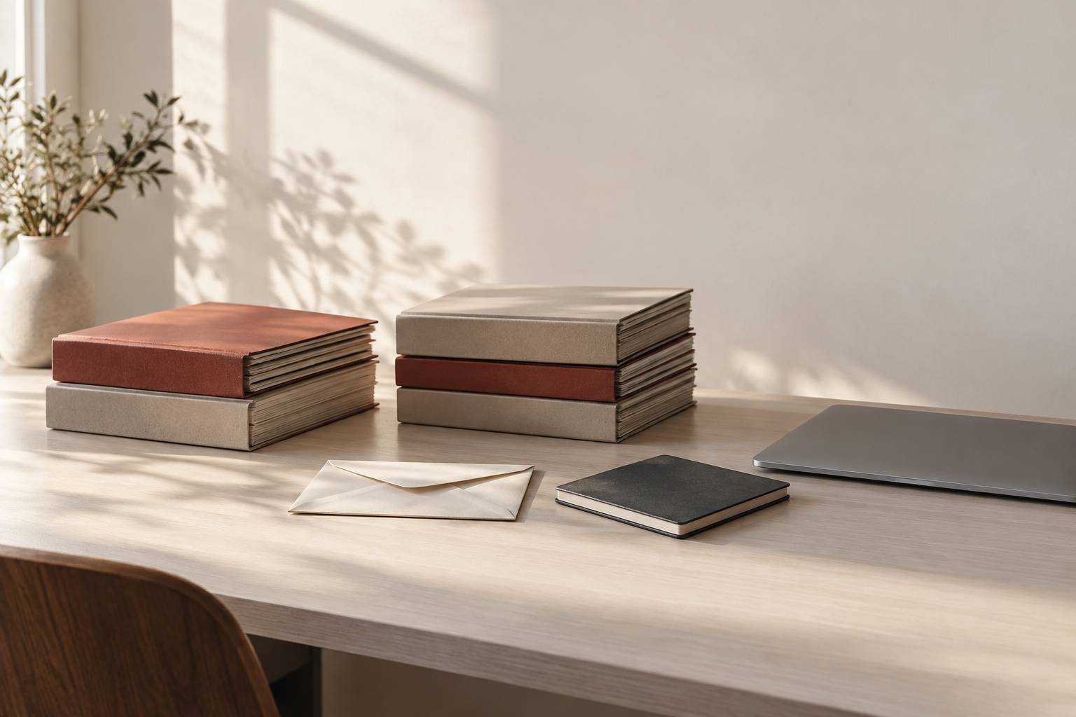 Table claire avec dossiers empilés et enveloppe fermée