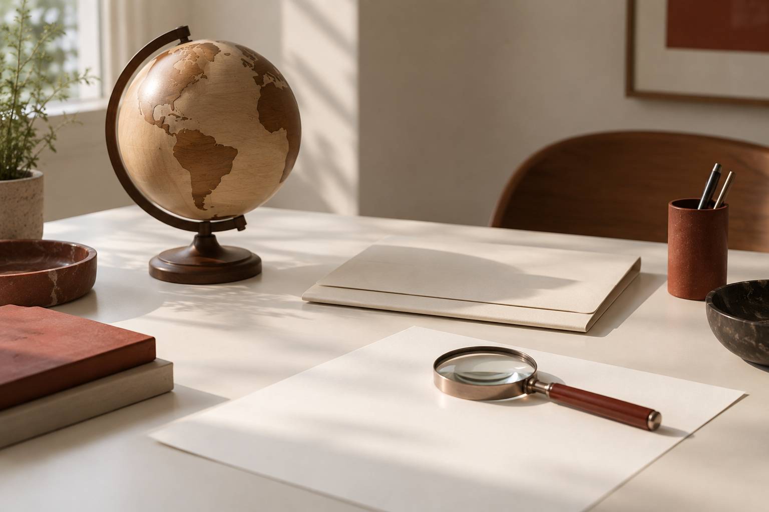 Table claire avec globe en bois et chemise fermee pres d'une fenetre