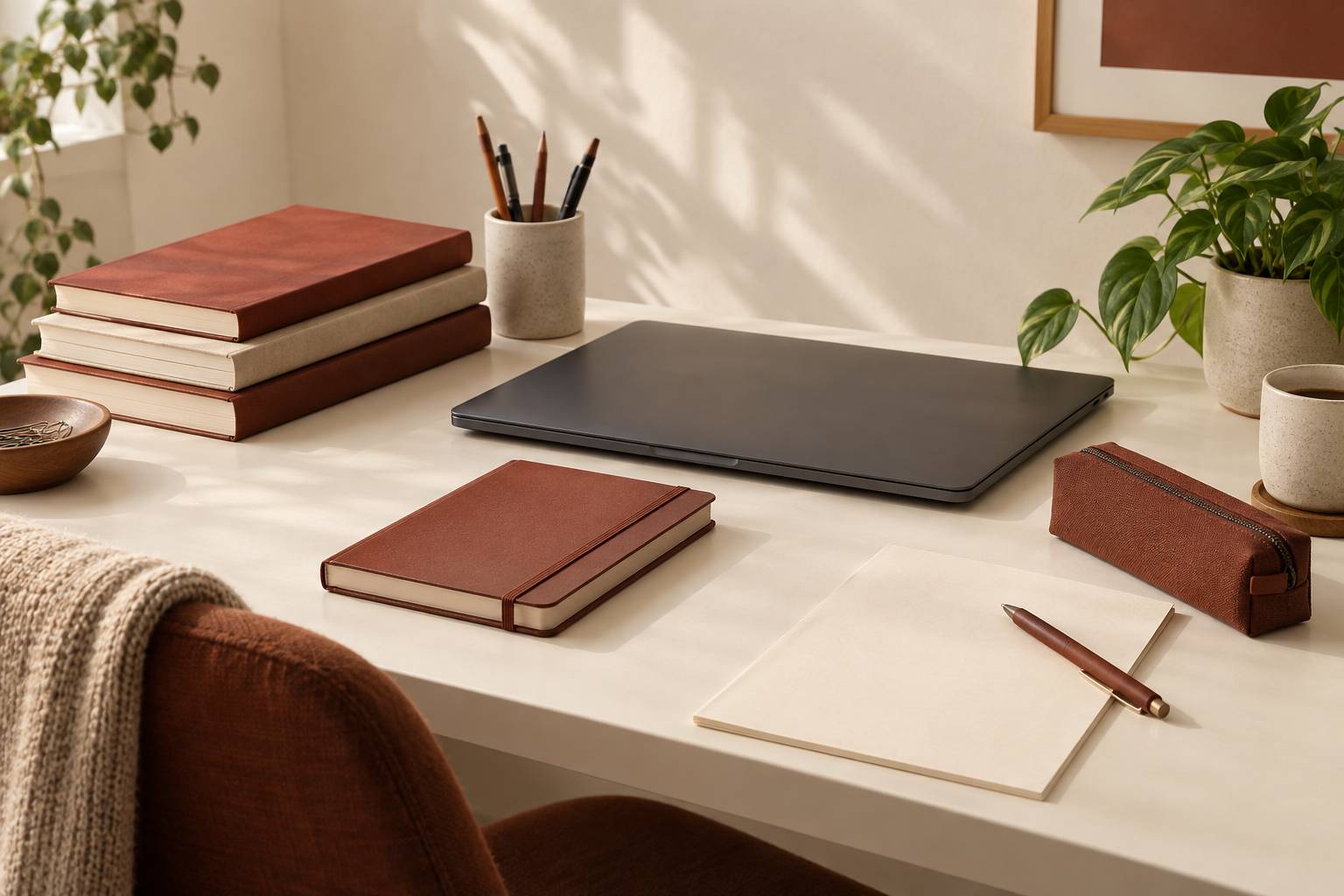 Table de travail avec cahiers fermés, agenda et ordinateur écran éteint