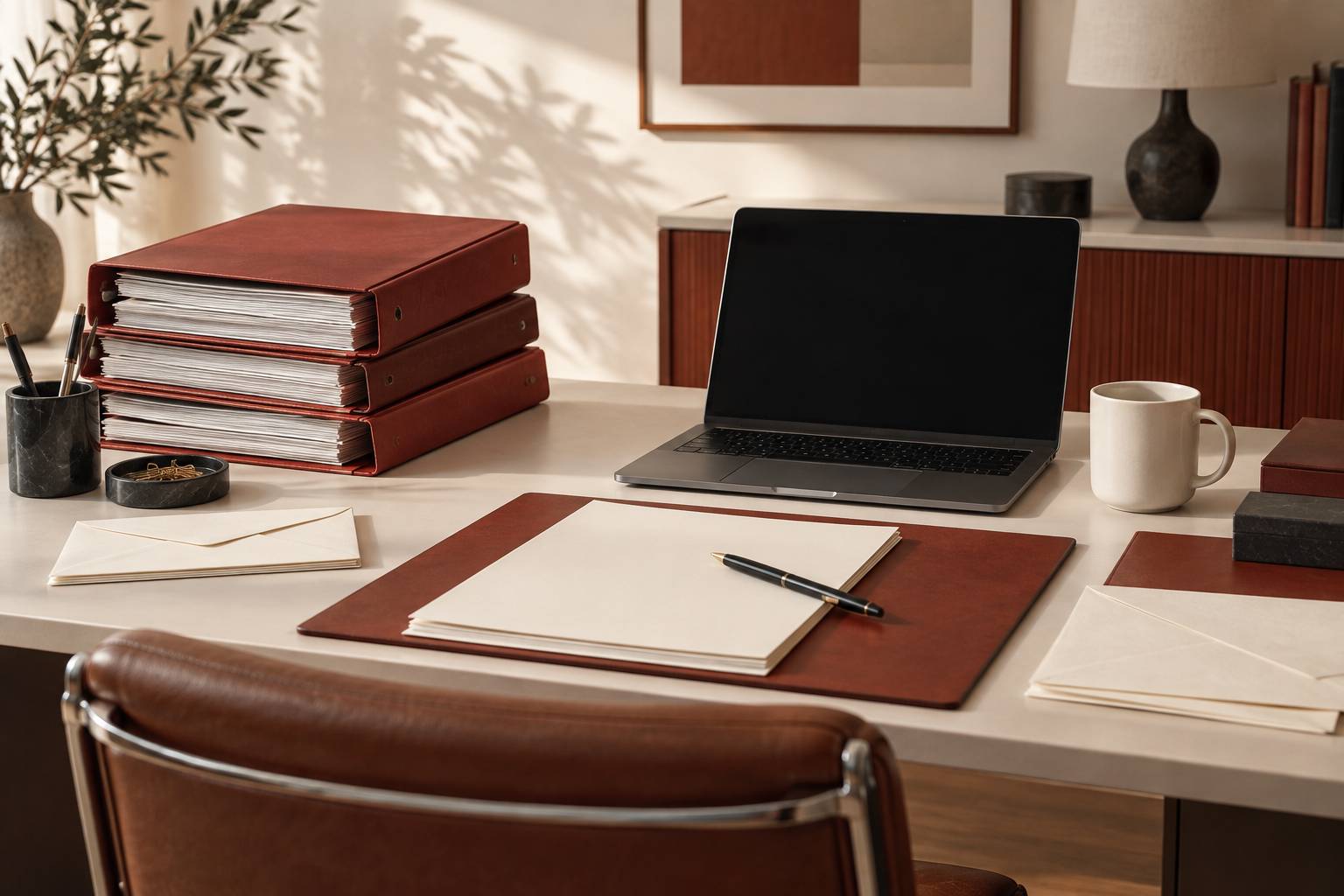 Table de travail avec chemises de classement, enveloppes fermées et stylo