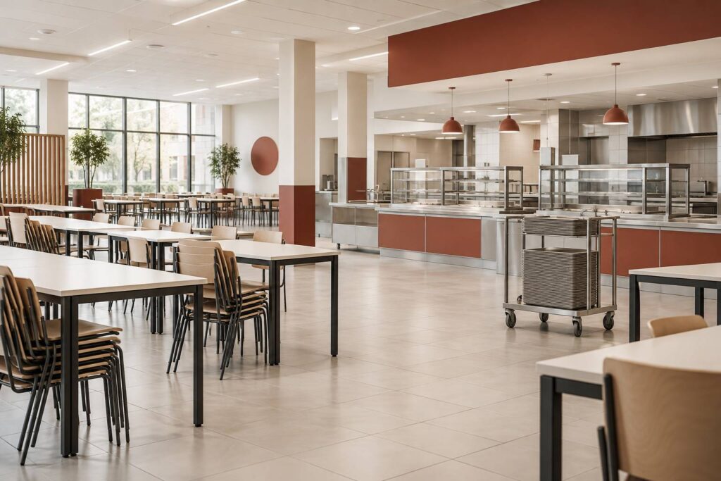 Salle de restauration universitaire claire avec tables vides et plateaux empiles