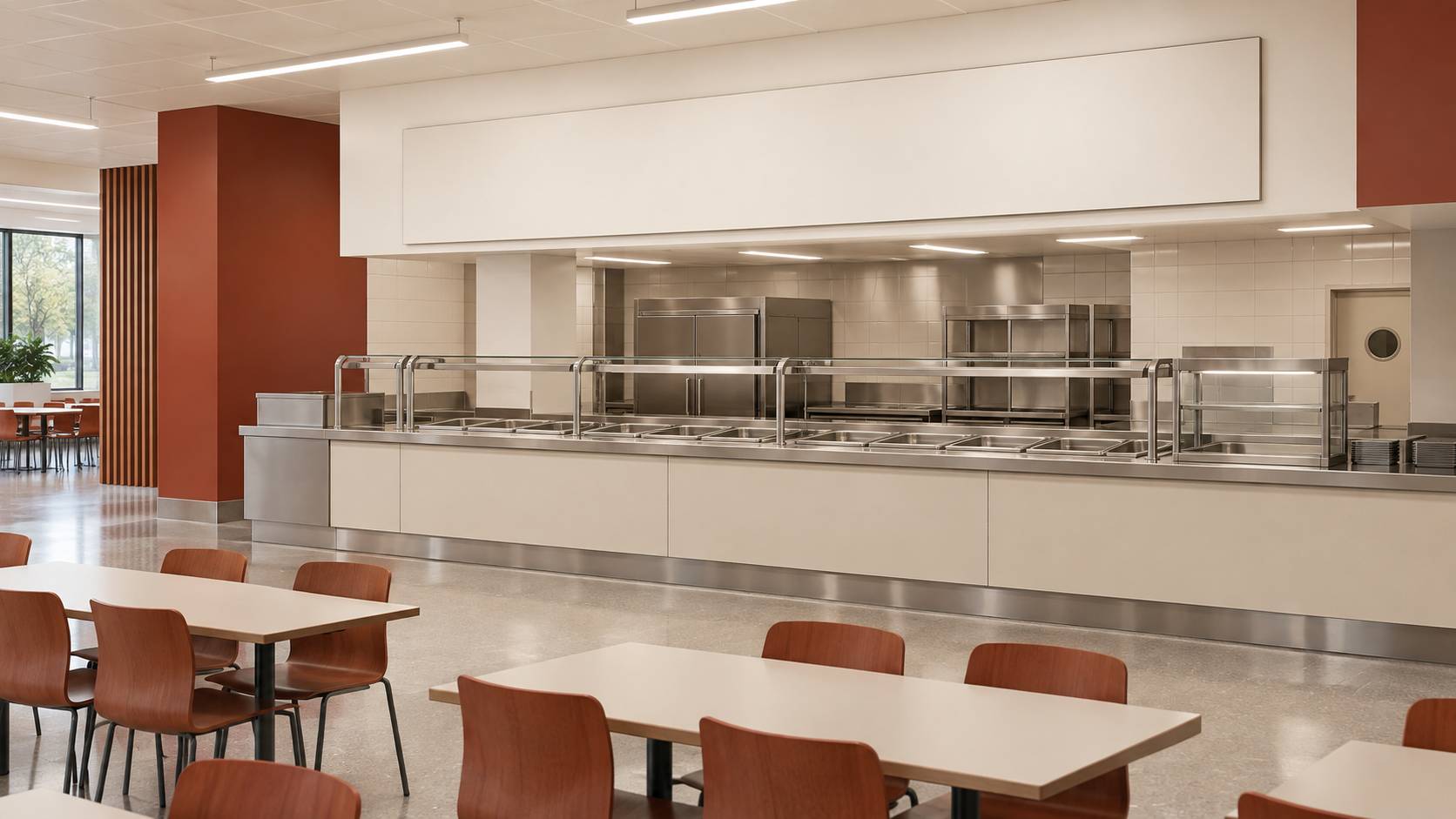 Comptoir de self-service universitaire avec bacs inox vides