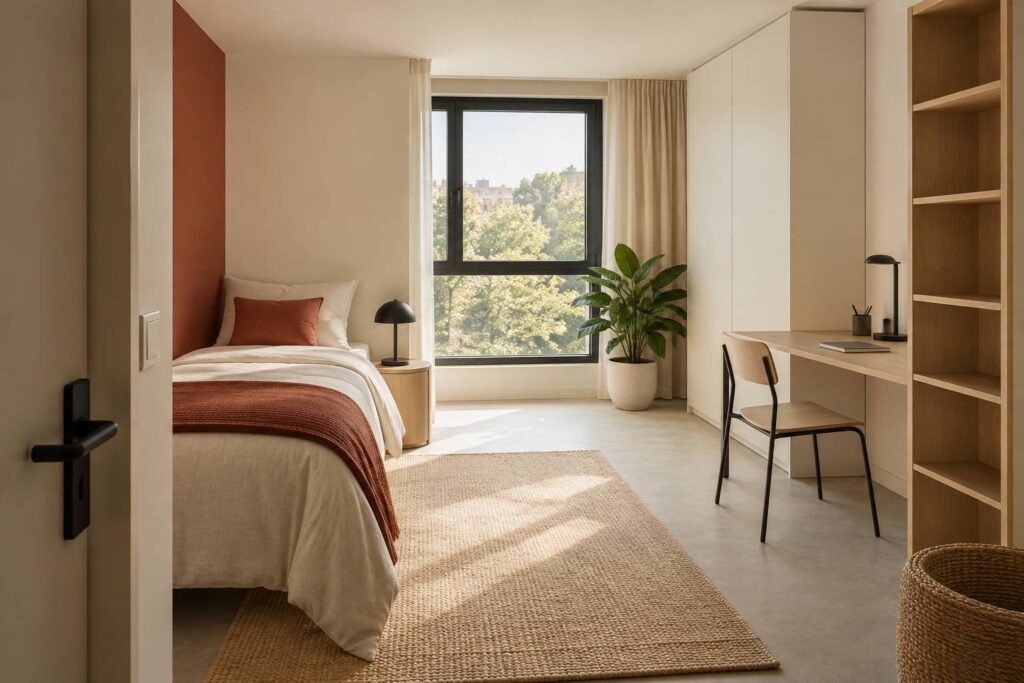 Chambre de residence etudiante simple avec lit, bureau en bois et placard