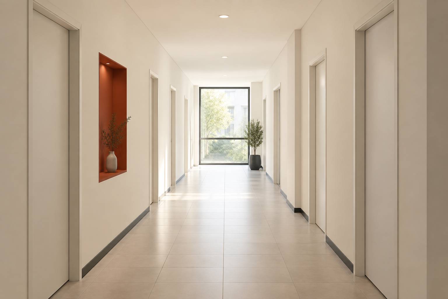 Couloir clair d'une residence etudiante avec portes fermees