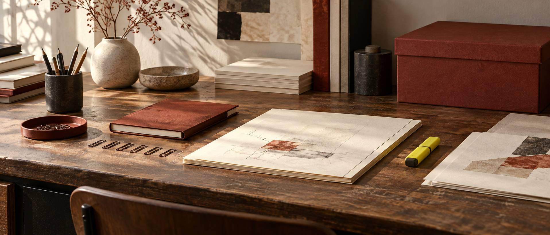 Fermagli allineati e scatola d'archivio su una scrivania