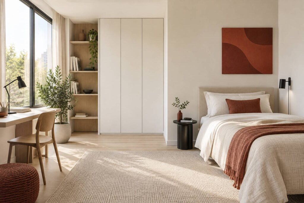 Chambre de residence etudiante simple avec lit, bureau en bois et placard