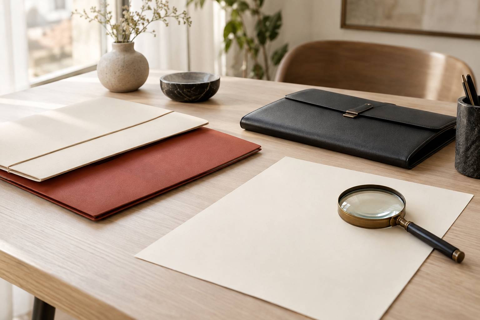 Table claire avec chemises fermées et loupe posée