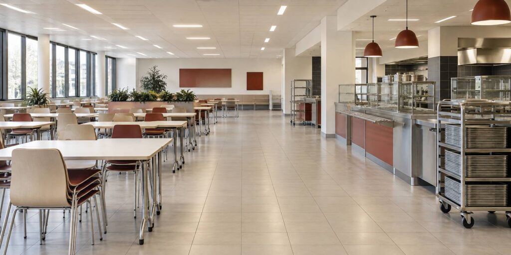 Salle de restauration universitaire claire avec tables vides et chaises empilees