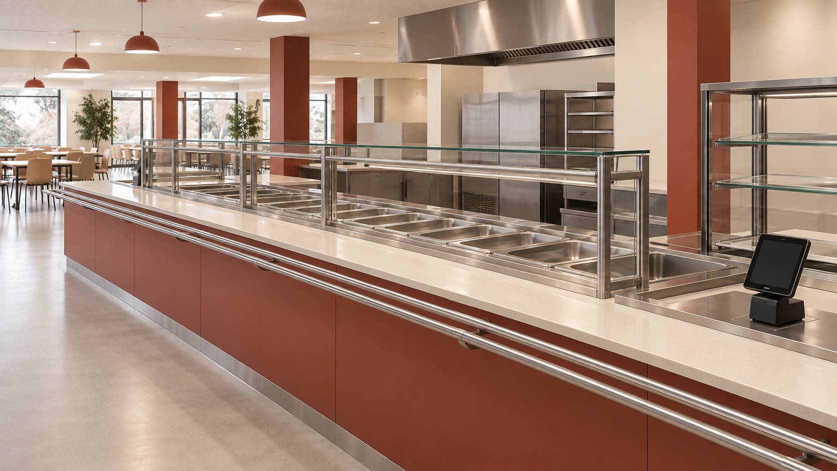 Comptoir de self-service universitaire avec bacs inox vides et borne de carte