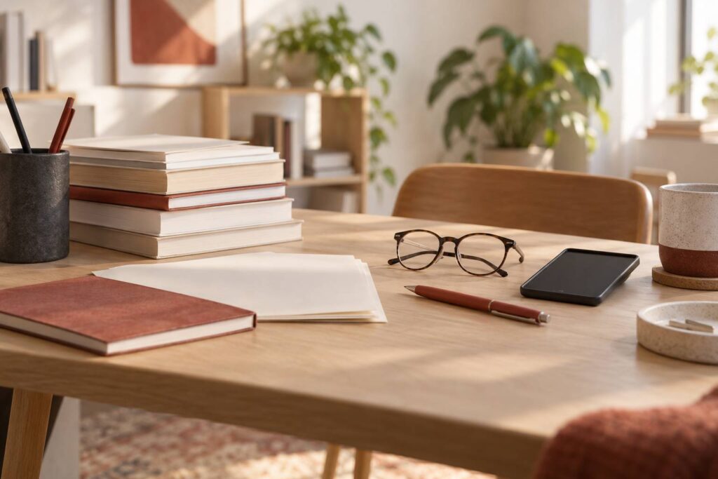 Bureau d'etudiant avec documents universitaires neutres et calculatrice