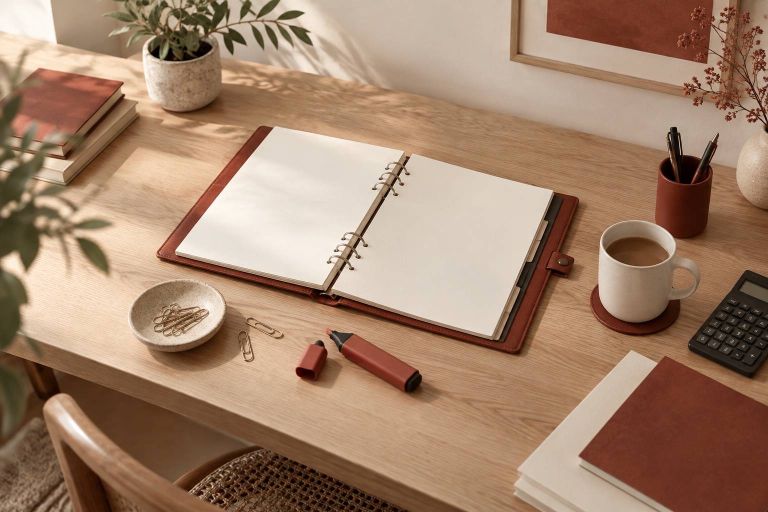 Bureau de travail avec classeur ouvert, calculatrice et trombones