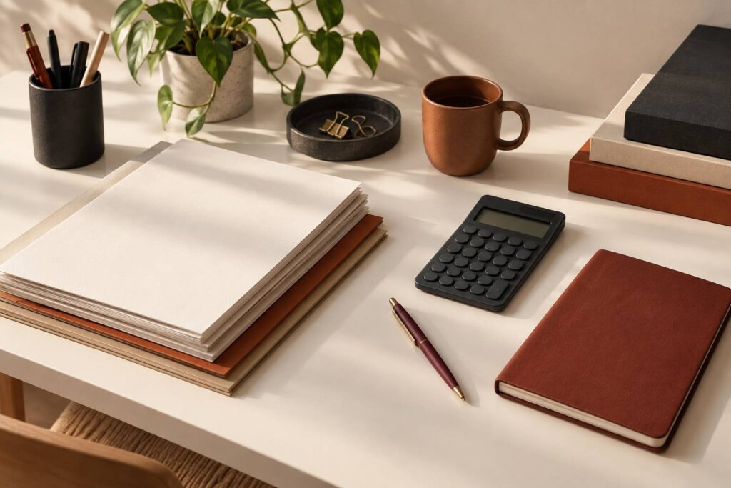 Bureau d'etudiant range avec documents vierges, calculatrice et carnet ferme