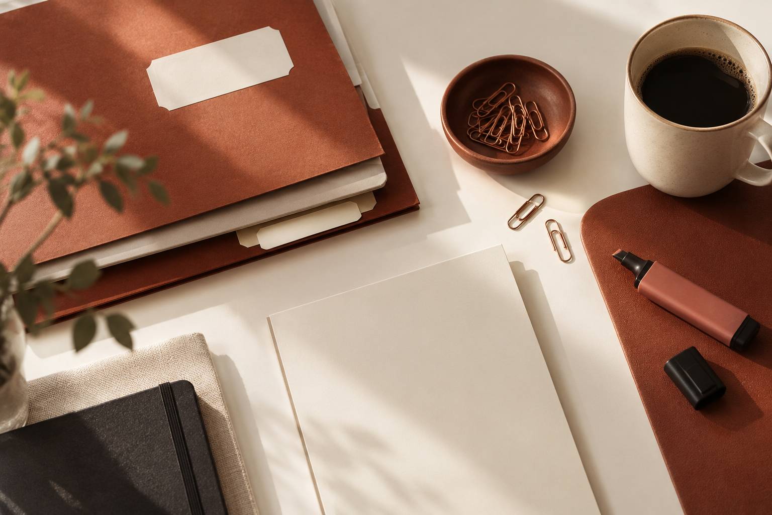 Chemises cartonnees et fournitures de bureau posees sur un plan de travail neutre