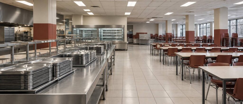 Cantine universitaire déserte avec plateaux en inox, tables longues et chaises empilées