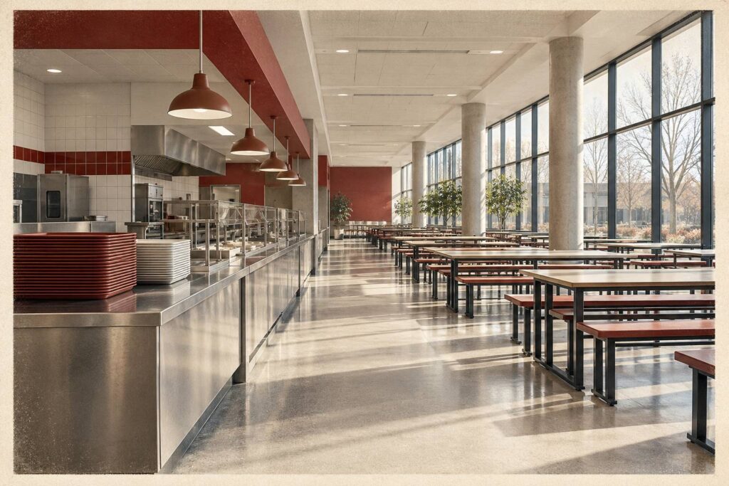 Cantine universitaire vide avec comptoir de service inox et tables alignées