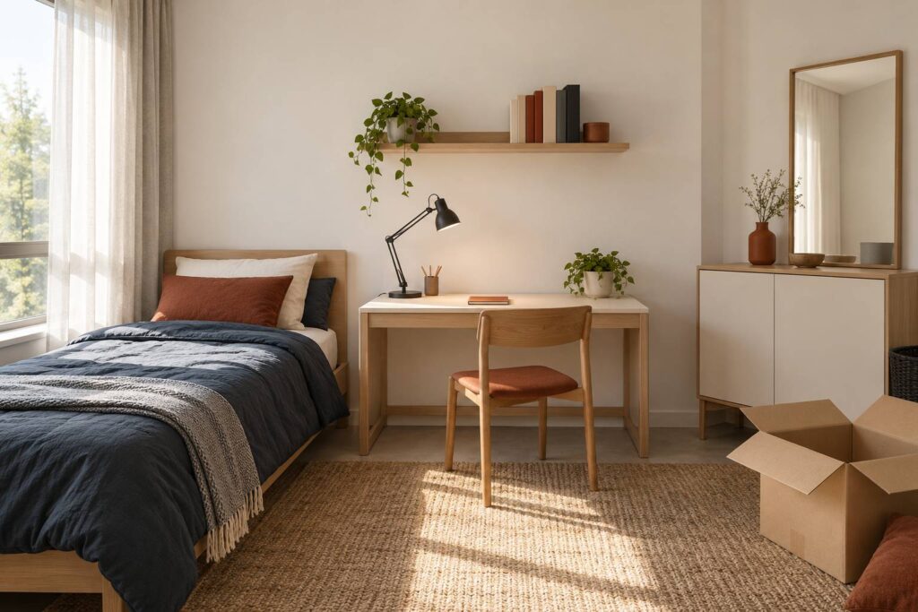Chambre étudiante meublée avec lit simple, bureau et étagère
