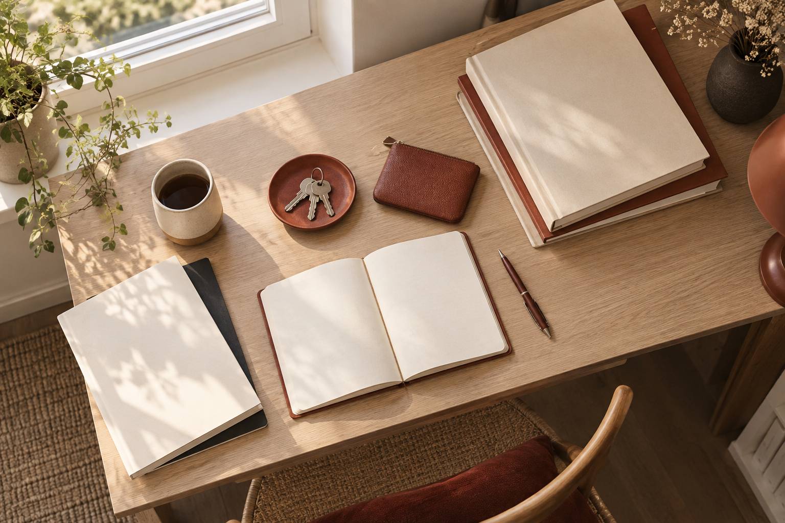 Dossiers neutres et cles poses sur un bureau clair