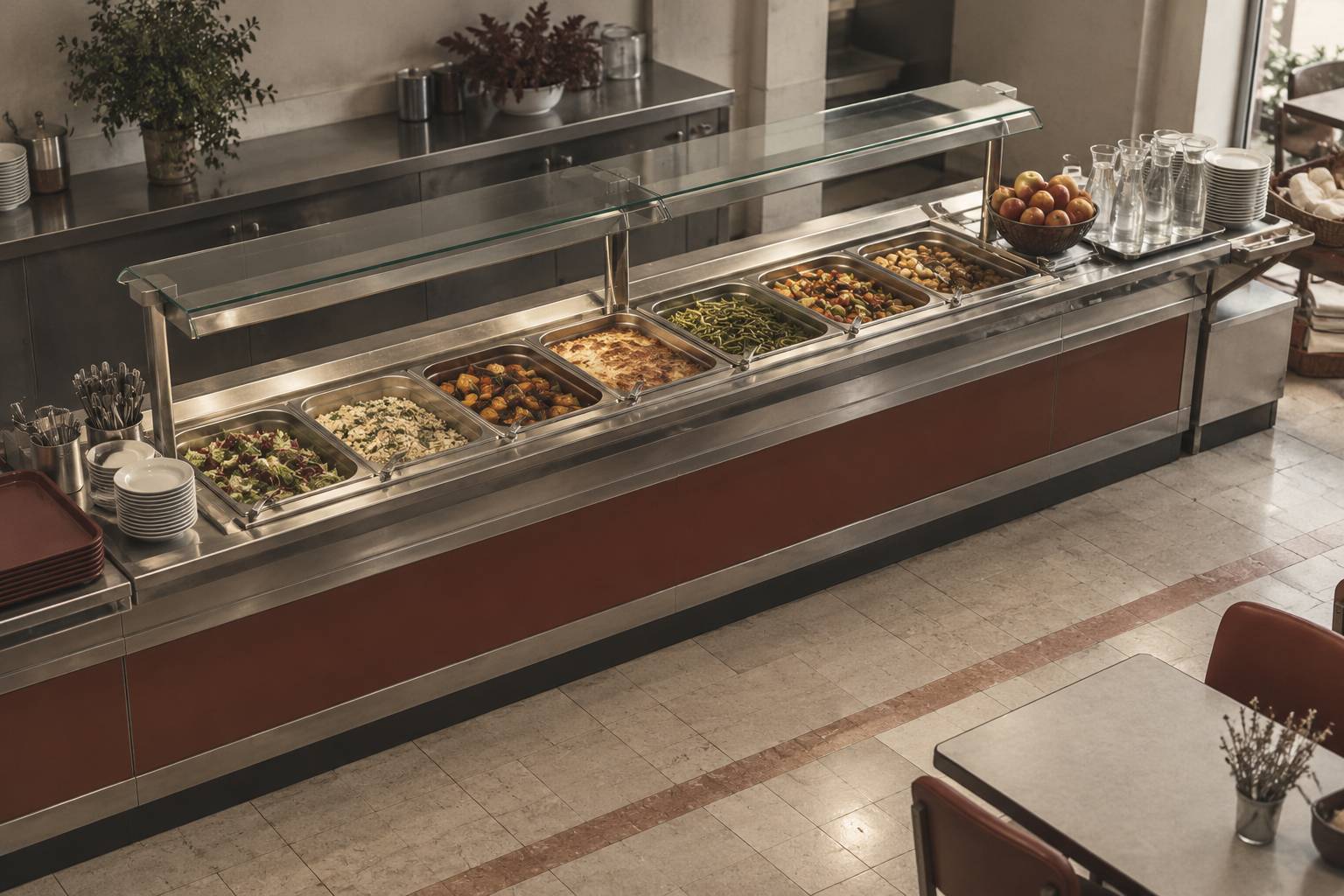 Ligne de self avec bacs inox plats varies et corbeille de fruits