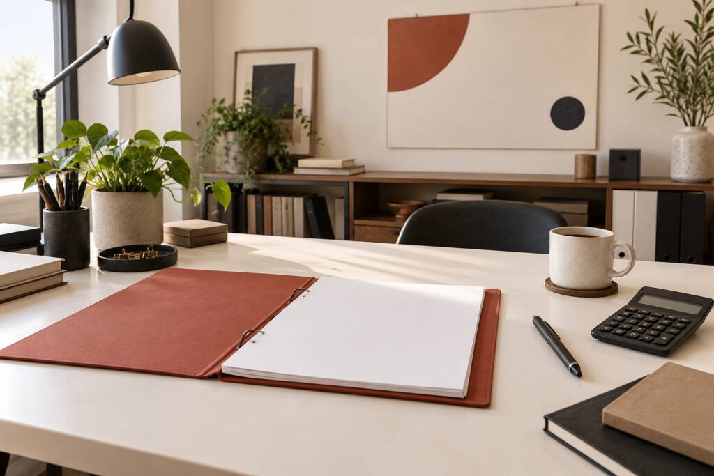 Chemise de documents, calculatrice et stylo posés sur un bureau d'étude
