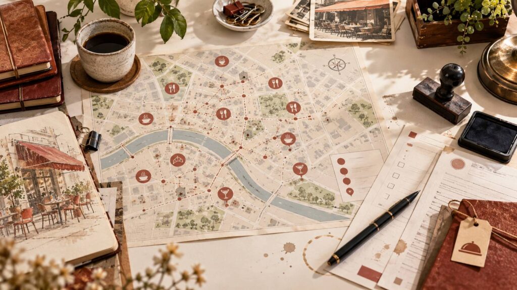 Plan stylisé de points de restauration et formulaire sur un bureau administratif