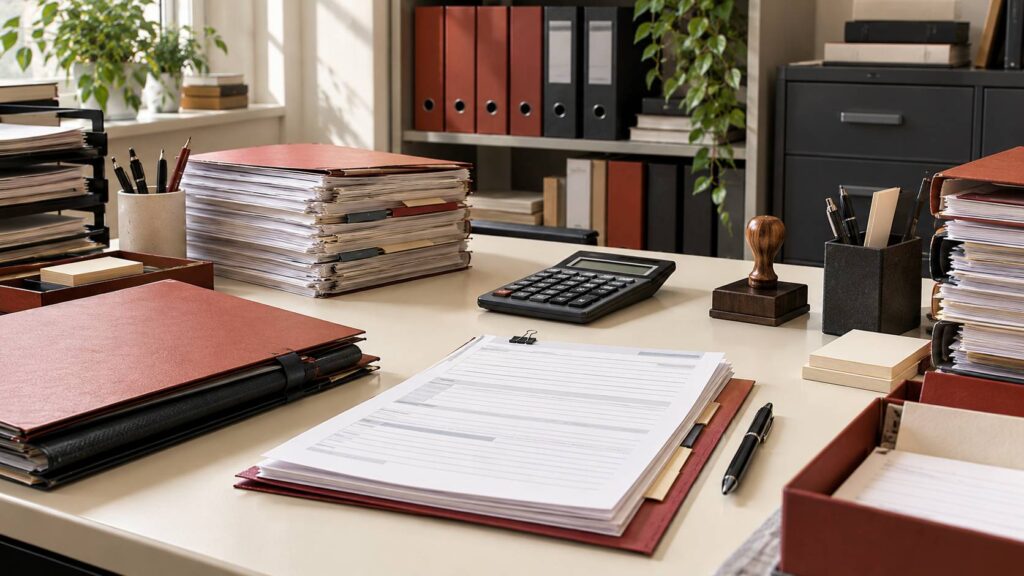 Moduli e cartelle con calcolatrice su una scrivania di ufficio